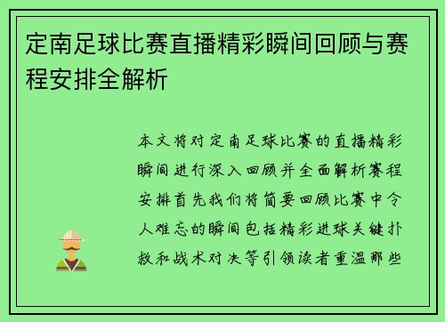 定南足球比赛直播精彩瞬间回顾与赛程安排全解析
